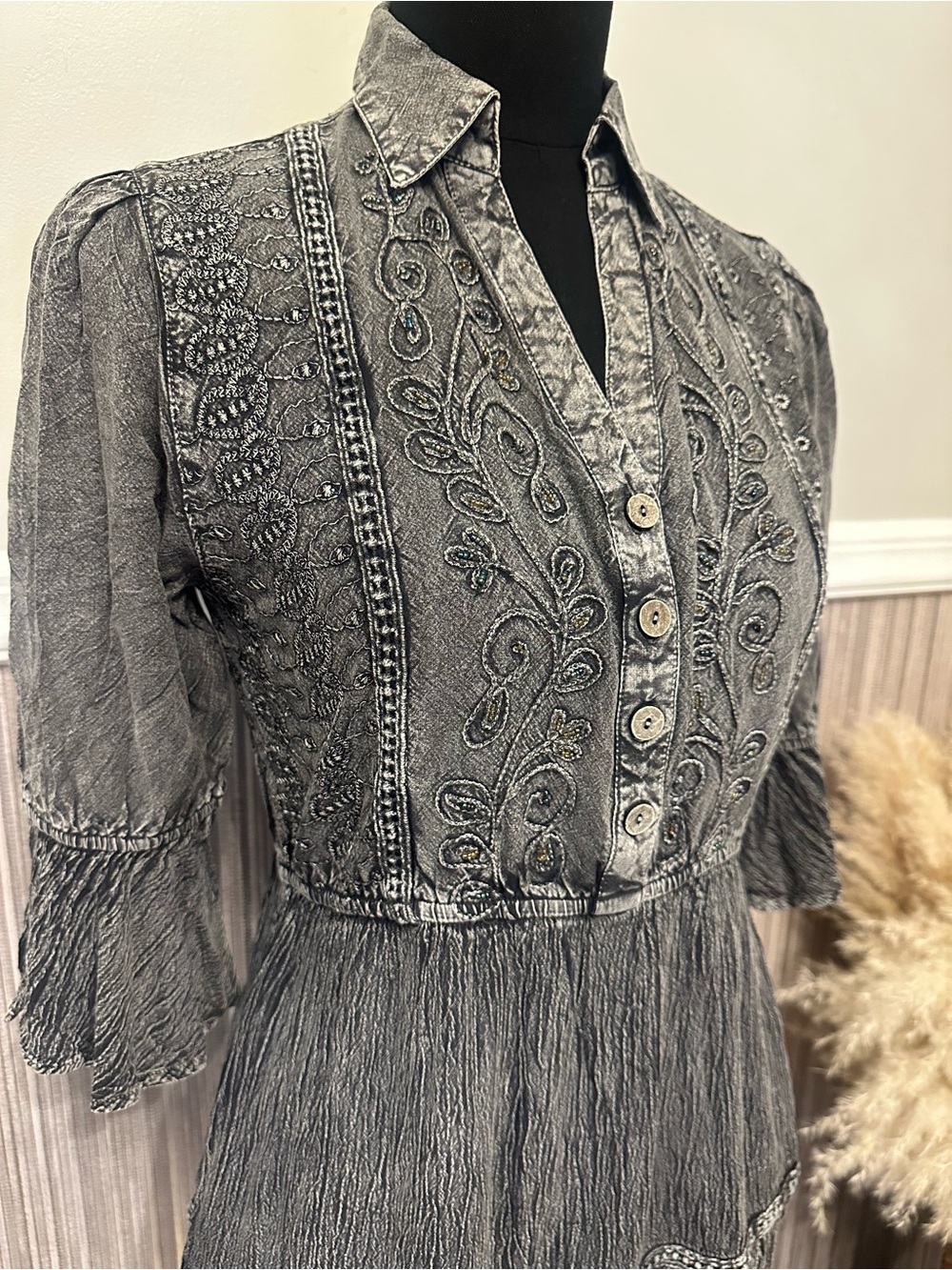 Young Threads Charcoal Embroidered Boho Mini Dress Beaded Lace Hem Small - Picture 4 of 12